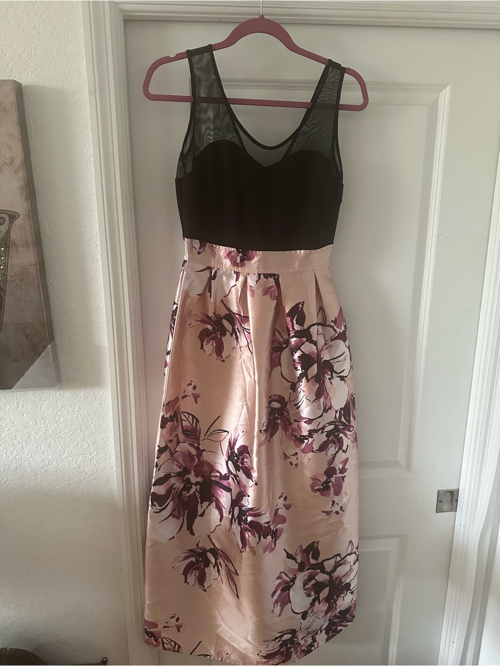 Black Mesh Bodice Midi Dress with Blush Floral Satin Skirt